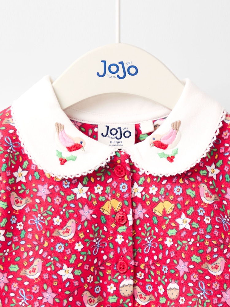 JoJo Maman Bébé Red Robin Floral Christmas Printed Embroidered Collar Dress - Image 3 of 3