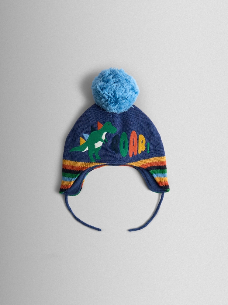 JoJo Maman Bébé Blue Dino Cosy Pom Pom Rib Hat - Image 1 of 3
