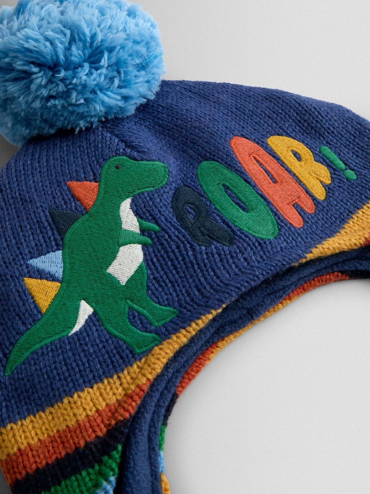 JoJo Maman Bébé Blue Dino Cosy Pom Pom Rib Hat - Image 3 of 3