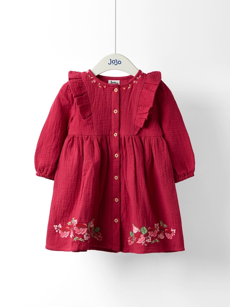 JoJo Maman Bébé Burgundy Robin Floral Frill Sleeve Button Through Dress - Image 1 of 4