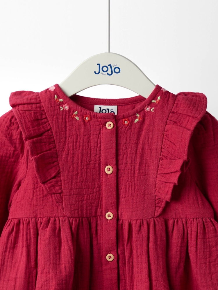 JoJo Maman Bébé Burgundy Robin Floral Frill Sleeve Button Through Dress - Image 2 of 4