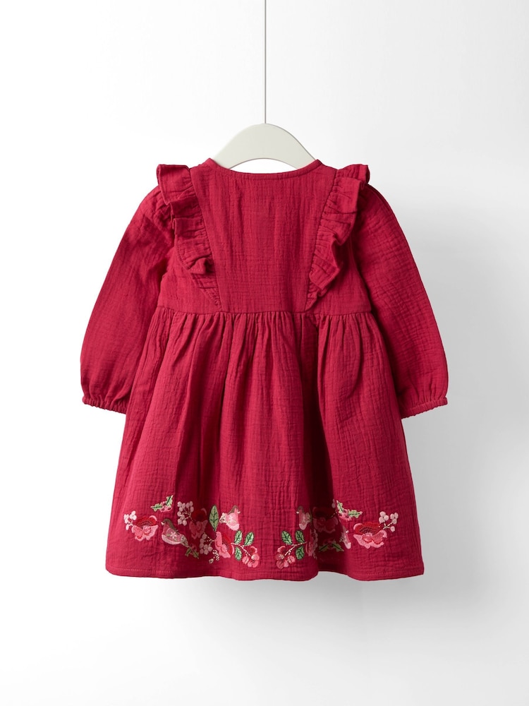 JoJo Maman Bébé Burgundy Robin Floral Frill Sleeve Button Through Dress - Image 4 of 4