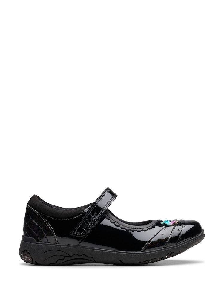 Clarks Black Extra Wide Fit (H) Patent Relda Spark Kid Shoes - Image 1 of 8