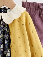 Yellow/ Navy Ditsy/ Purple Knitted Cardigan, Long Sleeve Top and Cord Trouses Baby 3 Piece Set (0mths-2yrs) - Image 18 of 20