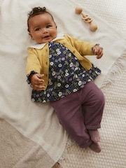 Yellow/ Navy Ditsy/ Purple Knitted Cardigan, Long Sleeve Top and Cord Trouses Baby 3 Piece Set (0mths-2yrs) - Image 2 of 20