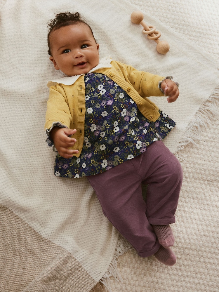 Yellow/ Navy Ditsy/ Purple Knitted Cardigan, Long Sleeve Top and Cord Trouses Baby 3 Piece Set (0mths-2yrs) - Image 2 of 20