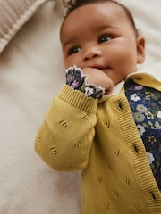 Yellow/ Navy Ditsy/ Purple Knitted Cardigan, Long Sleeve Top and Cord Trouses Baby 3 Piece Set (0mths-2yrs) - Image 5 of 20