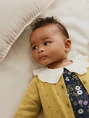 Yellow/ Navy Ditsy/ Purple Knitted Cardigan, Long Sleeve Top and Cord Trouses Baby 3 Piece Set (0mths-2yrs) - Image 6 of 20