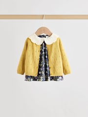Yellow/ Navy Ditsy/ Purple Knitted Cardigan, Long Sleeve Top and Cord Trouses Baby 3 Piece Set (0mths-2yrs) - Image 8 of 20