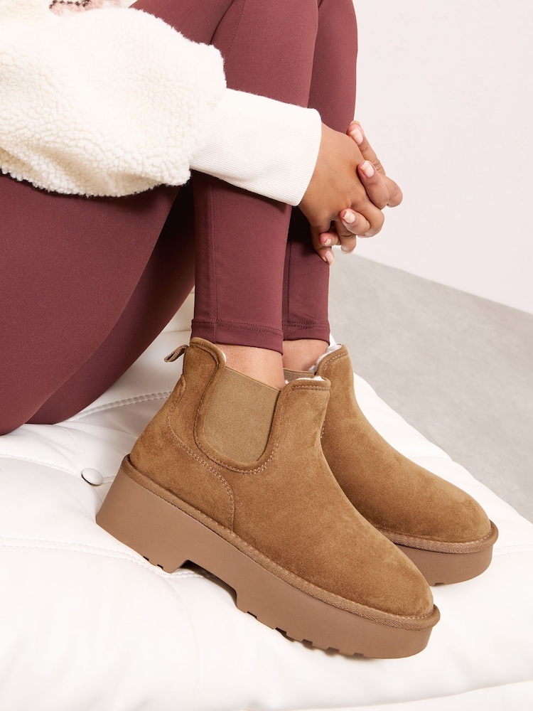 Friends Like These Tan Brown Platform Chelsea Ankle Faux Lined Suedette Ankle Boots - Image 1 of 5 Friends Like These Tan Brown Platform Chelsea Ankle Faux Lined Suedette Ankle Boots - Image 1 of 5