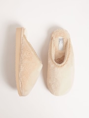 Friends Like These Neutral Supersoft Embroidered Tape Faux Fur Nightwear Mule Slippers - Image 1 of 4