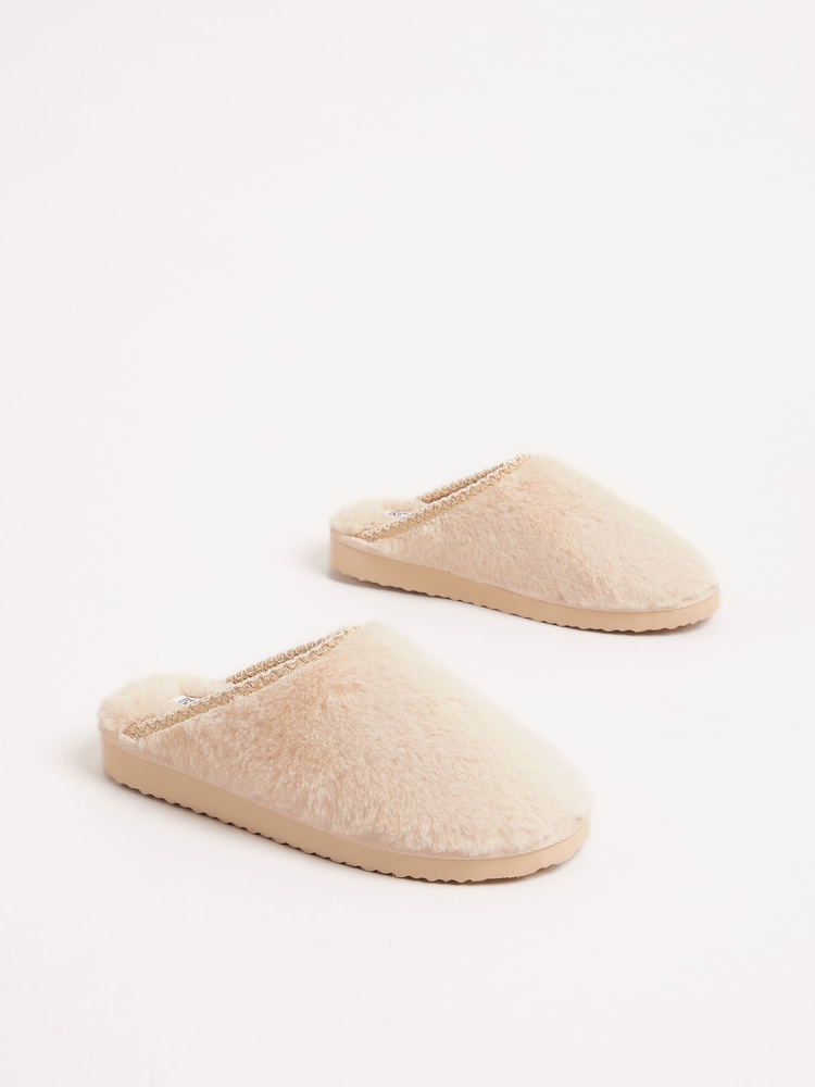 Friends Like These Neutral Supersoft Embroidered Tape Faux Fur Nightwear Mule Slippers - Image 2 of 4