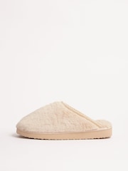 Friends Like These Neutral Supersoft Embroidered Tape Faux Fur Nightwear Mule Slippers - Image 4 of 4
