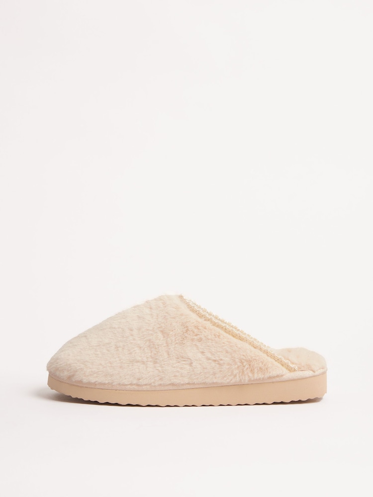Friends Like These Neutral Supersoft Embroidered Tape Faux Fur Nightwear Mule Slippers - Image 4 of 4
