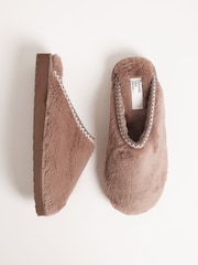 Friends Like These Chocolate Brown Supersoft Embroidered Tape Faux Fur Nightwear Mule Slippers - Image 1 of 4
