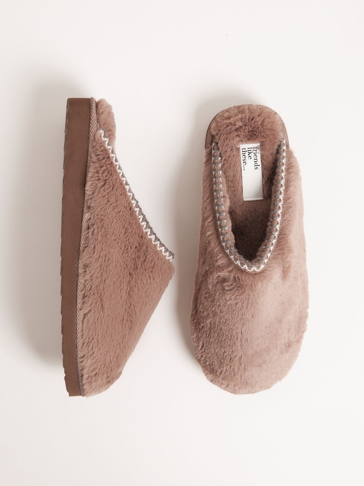 Friends Like These Chocolate Brown Supersoft Embroidered Tape Faux Fur Nightwear Mule Slippers - Image 1 of 4