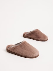 Friends Like These Chocolate Brown Supersoft Embroidered Tape Faux Fur Nightwear Mule Slippers - Image 2 of 4