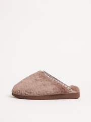 Friends Like These Chocolate Brown Supersoft Embroidered Tape Faux Fur Nightwear Mule Slippers - Image 4 of 4
