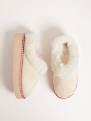 Friends Like These Cream Faux Fur Cuff Embroidered Tape Nightwear Mule Slipper - Image 1 of 4