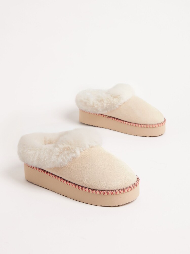 Friends Like These Cream Faux Fur Cuff Embroidered Tape Nightwear Mule Slipper - Image 2 of 4