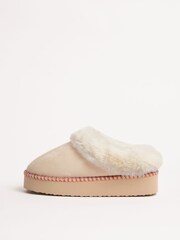 Friends Like These Cream Faux Fur Cuff Embroidered Tape Nightwear Mule Slipper - Image 4 of 4