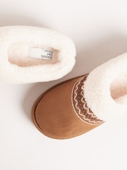 Friends Like These Tan Brown Faux Fur Cuff Embroidered Tape Nightwear Mule Slippers - Image 3 of 4