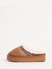 Friends Like These Tan Brown Faux Fur Cuff Embroidered Tape Nightwear Mule Slippers - Image 4 of 4