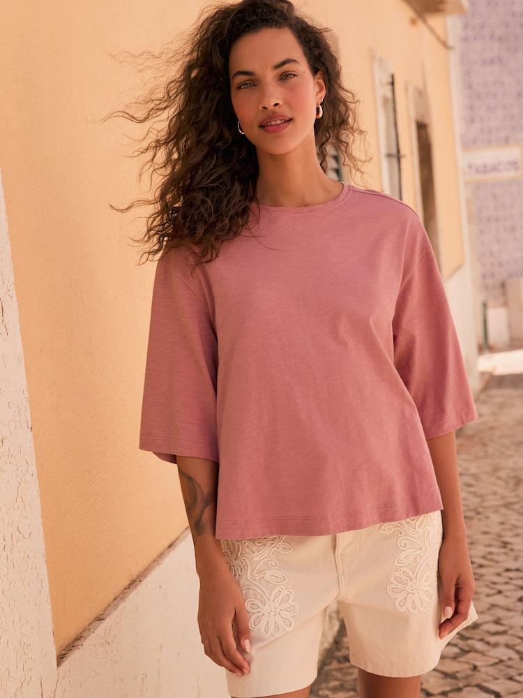 Rose Pink Short Sleeve Slub Jersey Crew Neck T-Shirt - Image 2 of 7 Rose Pink Short Sleeve Slub Jersey Crew Neck T-Shirt - Image 2 of 7