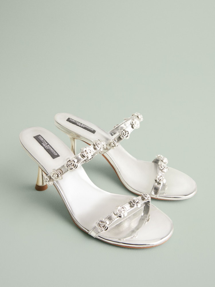 Plateado - Tabitha Simmons x Next Flora Leather Double Flower Detail Heel Mules - Imagen 2 de 5