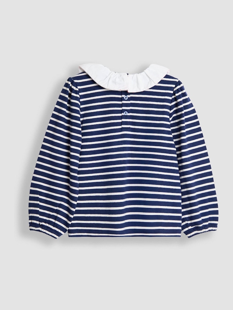 JoJo Maman Bébé Blue Appliqué Collar Stripe Top - Image 2 of 3