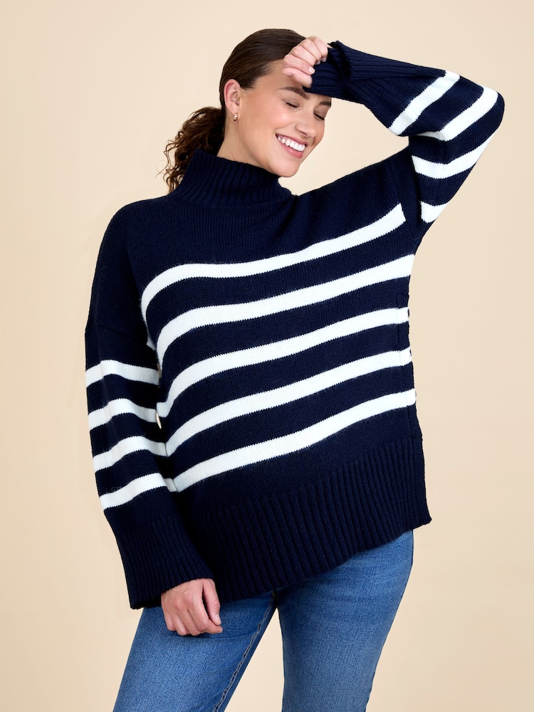 JoJo Maman Bébé Navy Ecru Stripe Striped Turtleneck Maternity And Nursing Jumper - Image 1 of 5