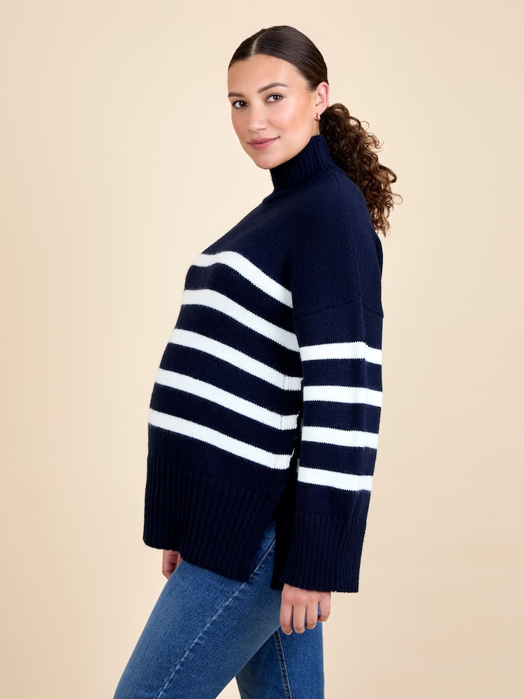 JoJo Maman Bébé Navy Ecru Stripe Striped Turtleneck Maternity And Nursing Jumper - Image 2 of 5 JoJo Maman Bébé Navy Ecru Stripe Striped Turtleneck Maternity And Nursing Jumper - Image 2 of 5