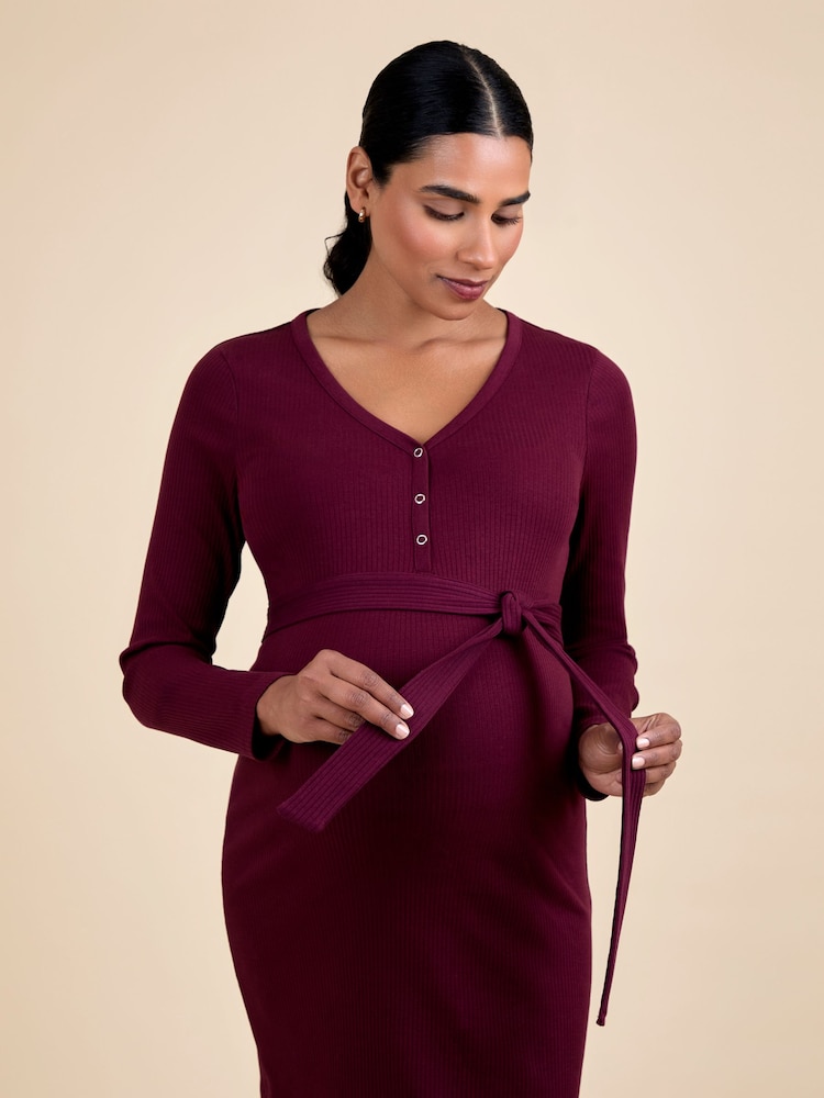 bebe burgundy dress Scoop Neck Blouson Sweater Midi Dress bebe