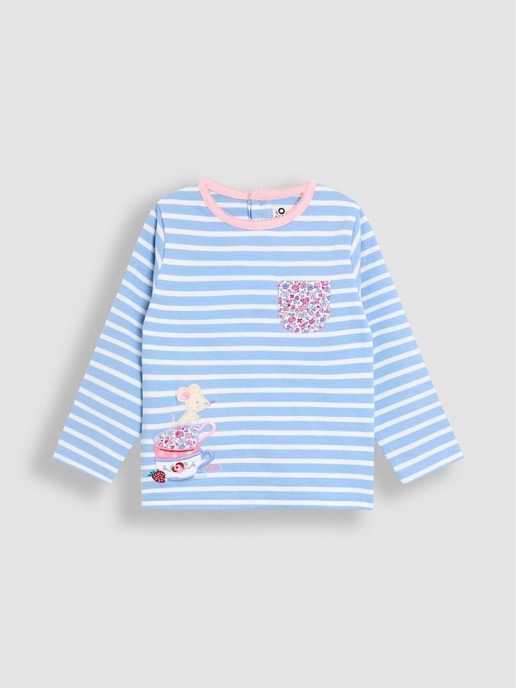 JoJo Maman Bébé Blue Light Appliqué Stripe Top - Image 1 of 3