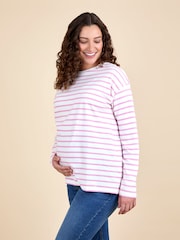 JoJo Maman Bébé Pink Stripe Long Sleeve Boyfriend Maternity T-Shirt - Image 1 of 4