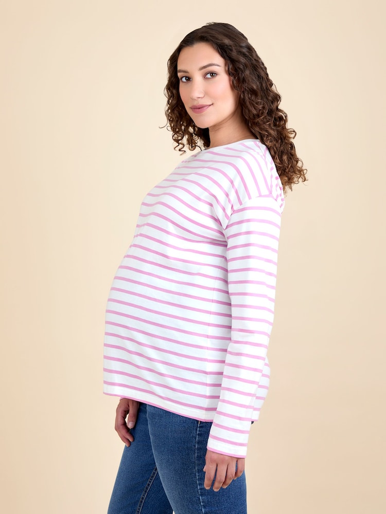 JoJo Maman Bébé Pink Stripe Long Sleeve Boyfriend Maternity T-Shirt - Image 2 of 4