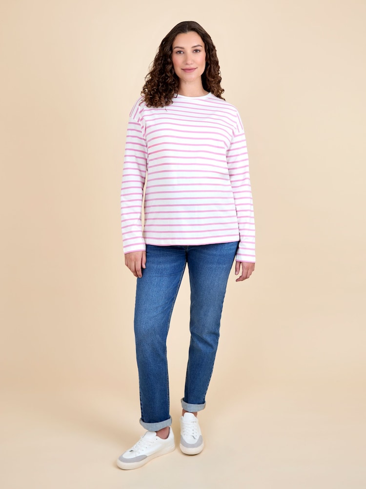 JoJo Maman Bébé Pink Stripe Long Sleeve Boyfriend Maternity T-Shirt - Image 4 of 4