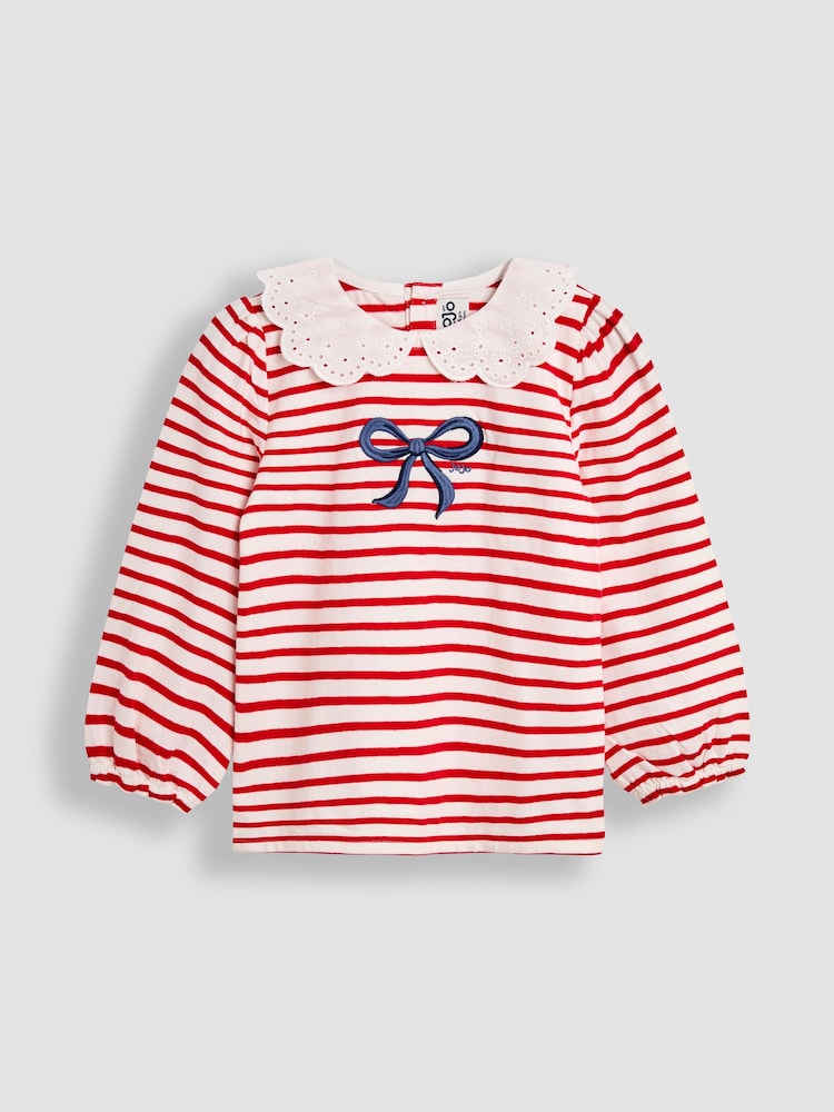 JoJo Maman Bébé Red Bow Appliqué Collar Stripe Top - Image 1 of 3 JoJo Maman Bébé Red Bow Appliqué Collar Stripe Top - Image 1 of 3