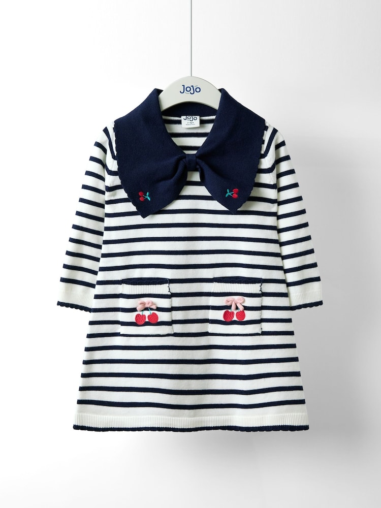 JoJo Maman Bébé Cream Stripe Bow Collar Stripe Knitted Dress - Image 1 of 5 JoJo Maman Bébé Cream Stripe Bow Collar Stripe Knitted Dress - Image 1 of 5