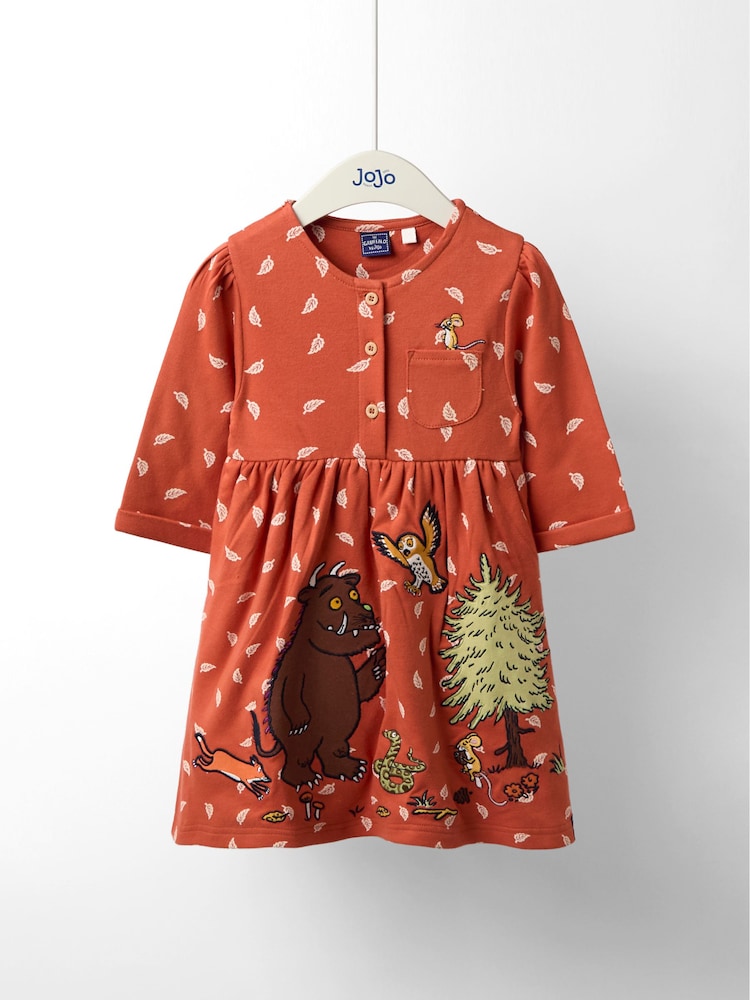 JoJo Maman Bébé Rust Orange Gruffalo Appliqué Button Front Dress - Image 1 of 4 JoJo Maman Bébé Rust Orange Gruffalo Appliqué Button Front Dress - Image 1 of 4