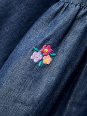 JoJo Maman Bébé Blue Chambray Embroidered Puff Sleeve Dress - Image 7 of 7