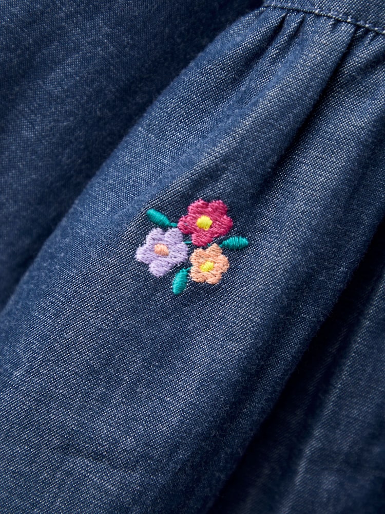 JoJo Maman Bébé Blue Chambray Embroidered Puff Sleeve Dress - Image 7 of 7