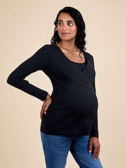 JoJo Maman Bébé Black Wrap Maternity & Nursing Long Sleeve Ribbed Top - Image 1 of 5