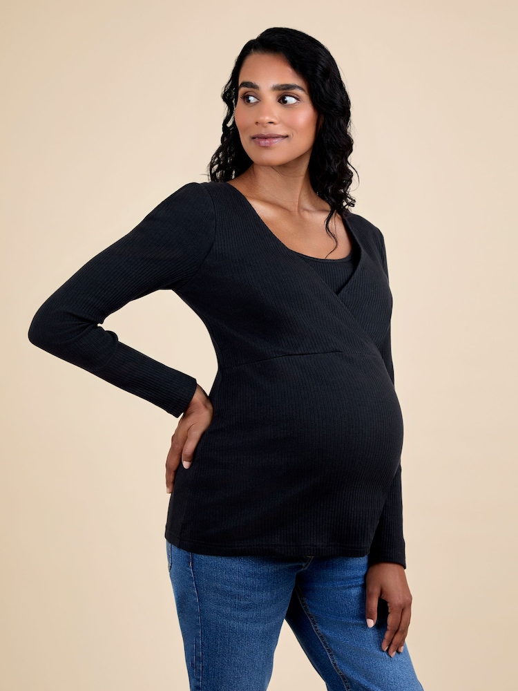 JoJo Maman Bébé Black Wrap Maternity & Nursing Long Sleeve Ribbed Top - Image 1 of 5 JoJo Maman Bébé Black Wrap Maternity & Nursing Long Sleeve Ribbed Top - Image 1 of 5