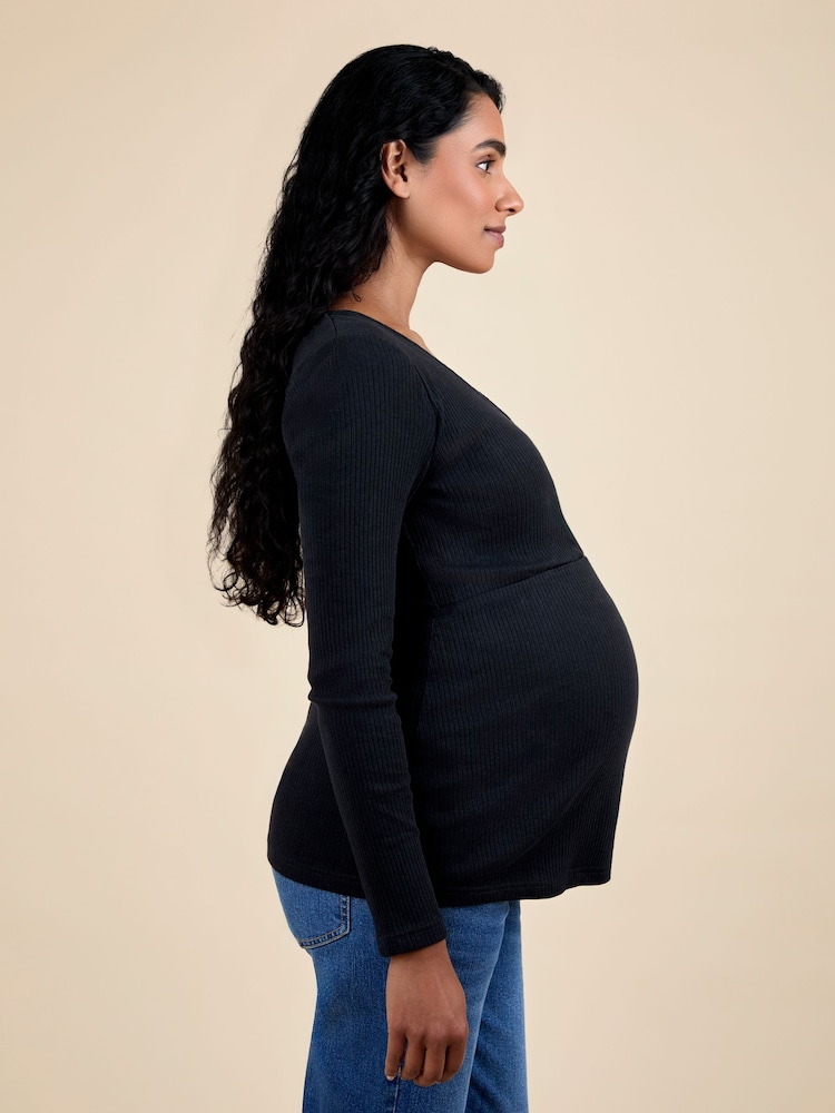 JoJo Maman Bébé Black Wrap Maternity & Nursing Long Sleeve Ribbed Top - Image 2 of 5 JoJo Maman Bébé Black Wrap Maternity & Nursing Long Sleeve Ribbed Top - Image 2 of 5