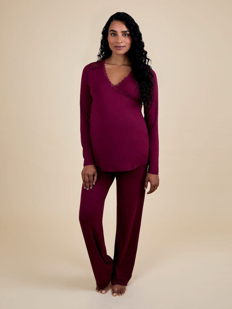 JoJo Maman Bébé Wine Lace Insert Maternity Pyjamas Set - Image 1 of 5 JoJo Maman Bébé Wine Lace Insert Maternity Pyjamas Set - Image 1 of 5