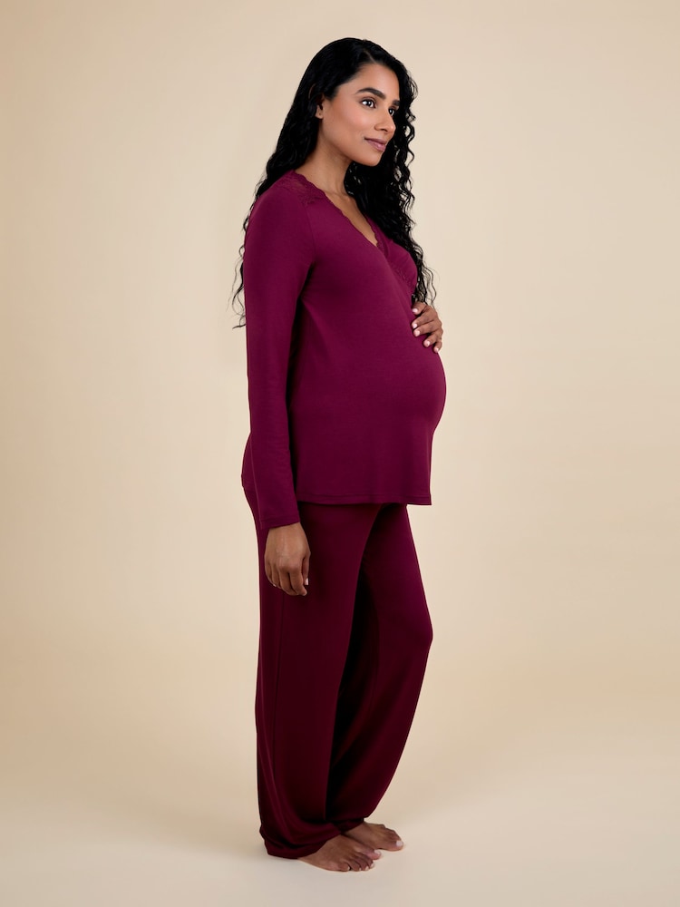 JoJo Maman Bébé Wine Lace Insert Maternity Pyjamas Set - Image 2 of 5 JoJo Maman Bébé Wine Lace Insert Maternity Pyjamas Set - Image 2 of 5