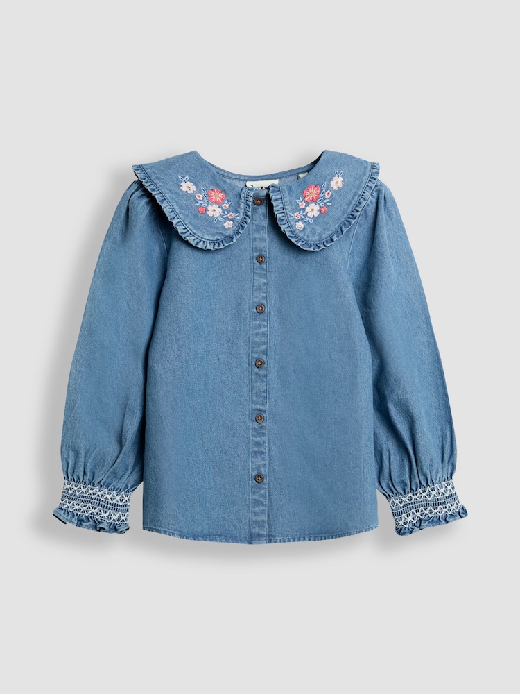 JoJo Maman Bébé Blue Embroidered Floral Frill Collar Blouse - Image 1 of 4 JoJo Maman Bébé Blue Embroidered Floral Frill Collar Blouse - Image 1 of 4