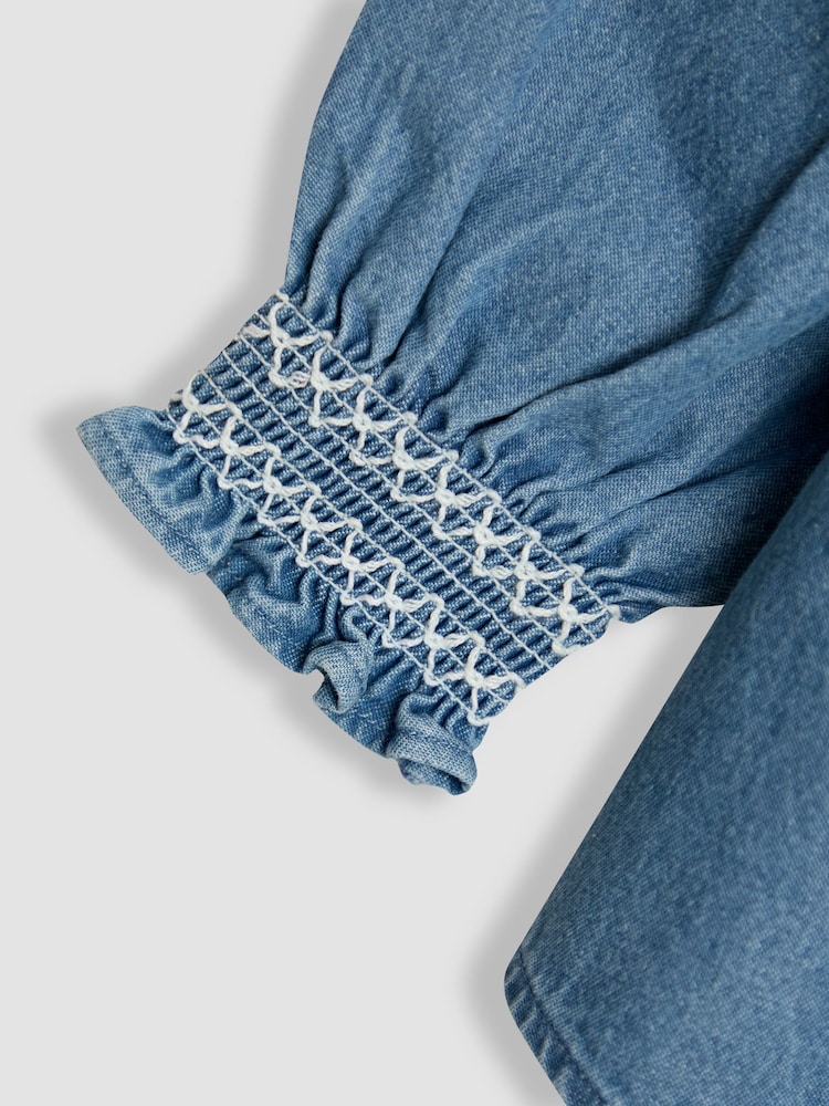 JoJo Maman Bébé Blue Embroidered Floral Frill Collar Blouse - Image 4 of 4 JoJo Maman Bébé Blue Embroidered Floral Frill Collar Blouse - Image 4 of 4