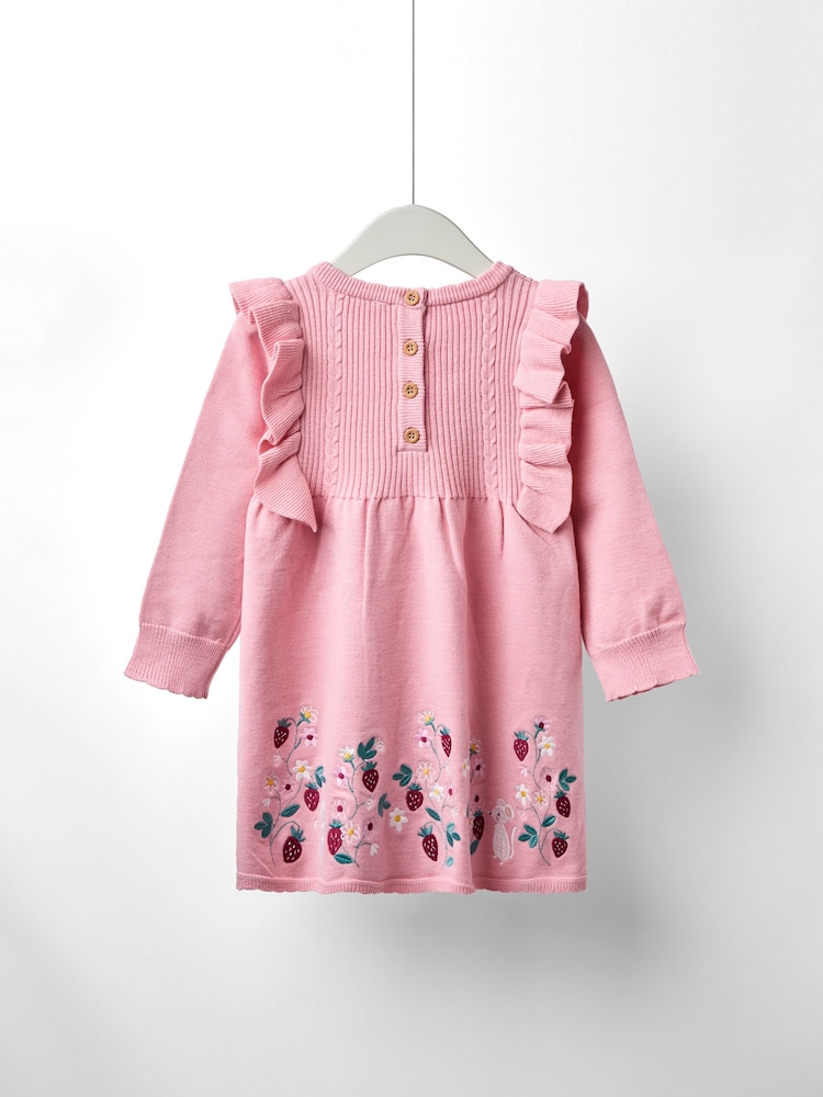 JoJo Maman Bébé Pink Embroidered Frill Knitted Dress - Image 2 of 4
